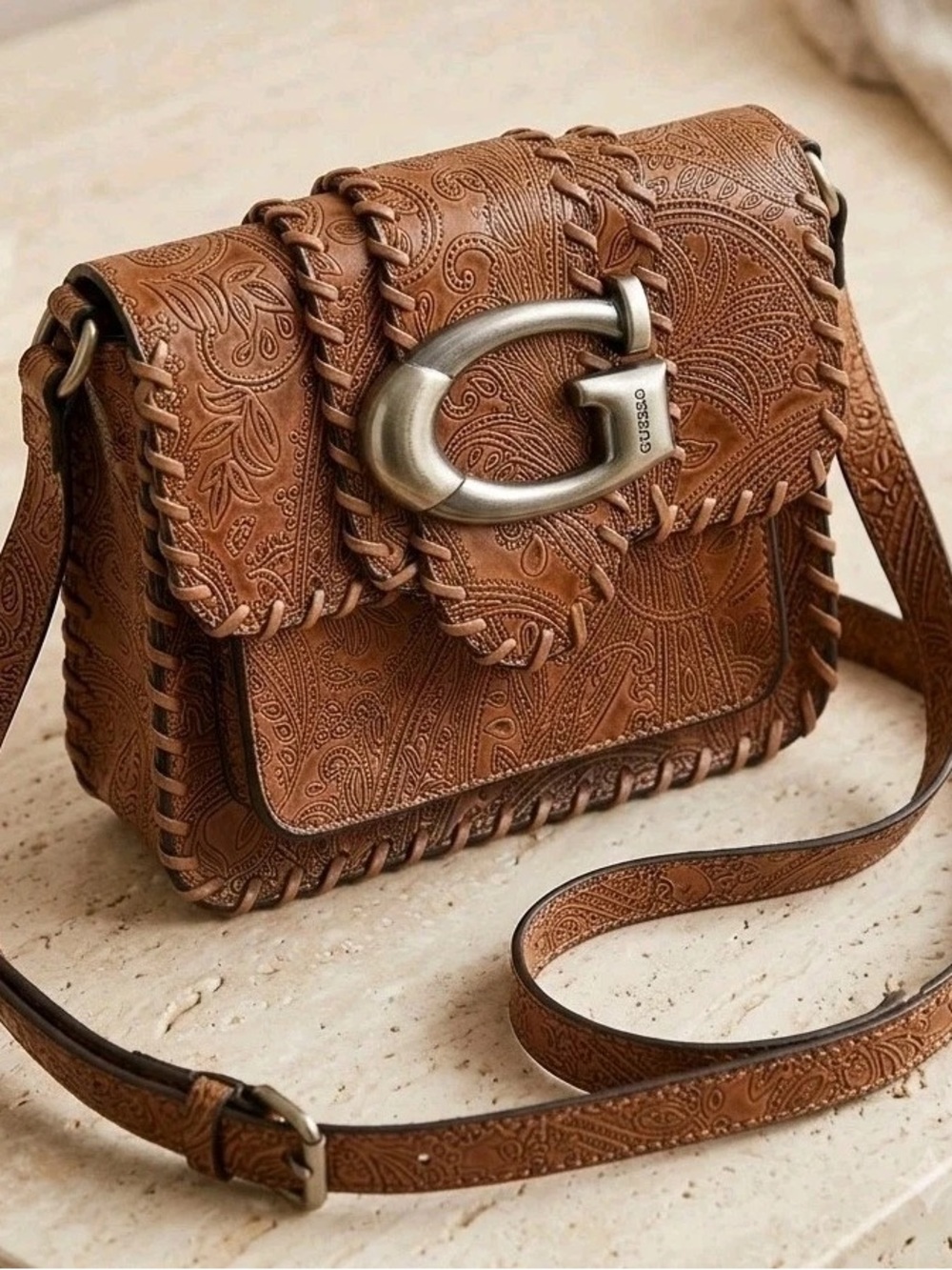 Vintage brown embossed paisley leather Guess crossbody bag